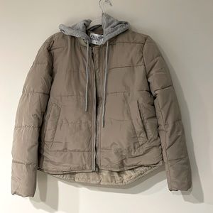 Green Puffer Coat with removable Gray Hood.